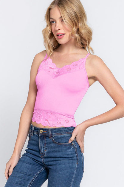 ACTIVE BASIC V-Neck Lace Detail Ribbed Seamless Cami Carauana Store