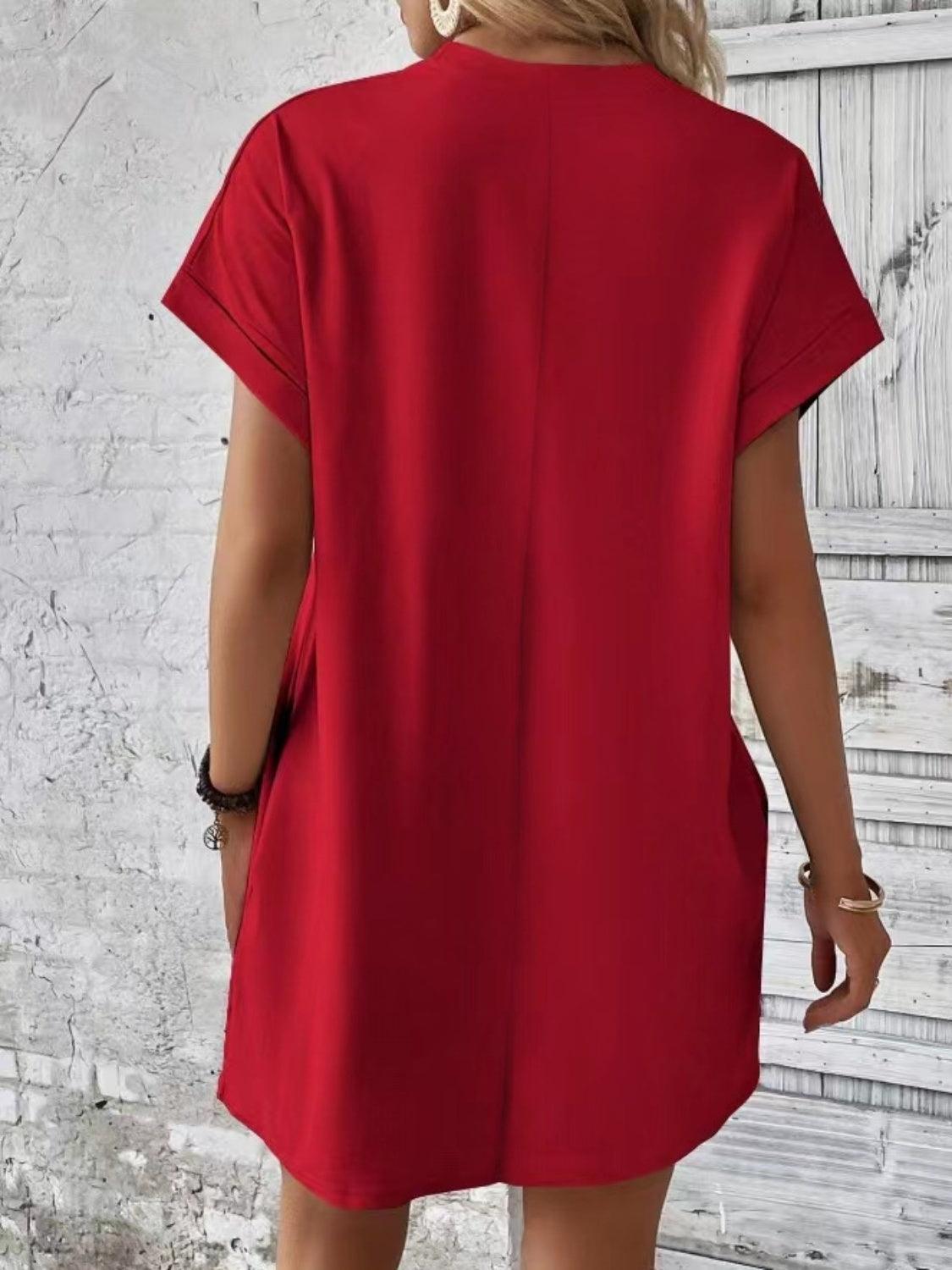 Pocketed Round Neck Short Sleeve Dress Carauana Store