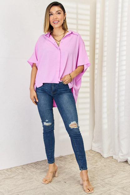 Zenana Texture Button Up Short Sleeve High-Low Shirt Carauana Store