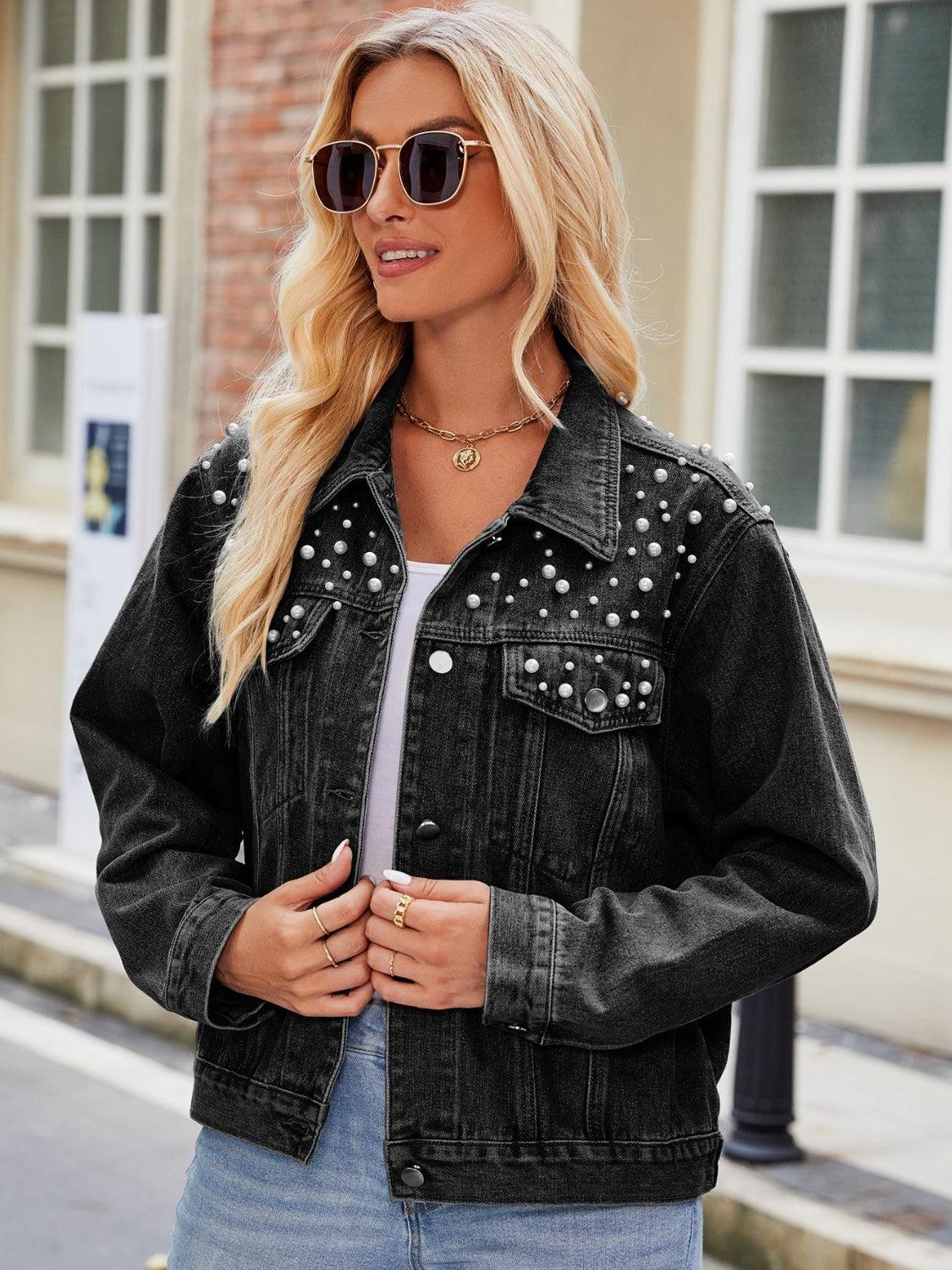 Pearl Detail Collared Neck Long Sleeve Denim Jacket Carauana Store