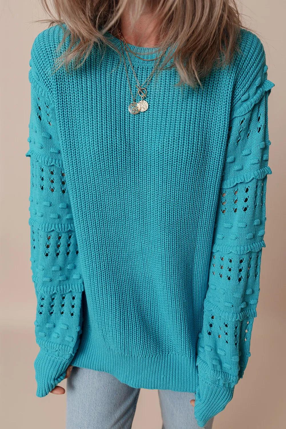 Openwork Frill Round Neck Long Sleeve Sweater Carauana Store