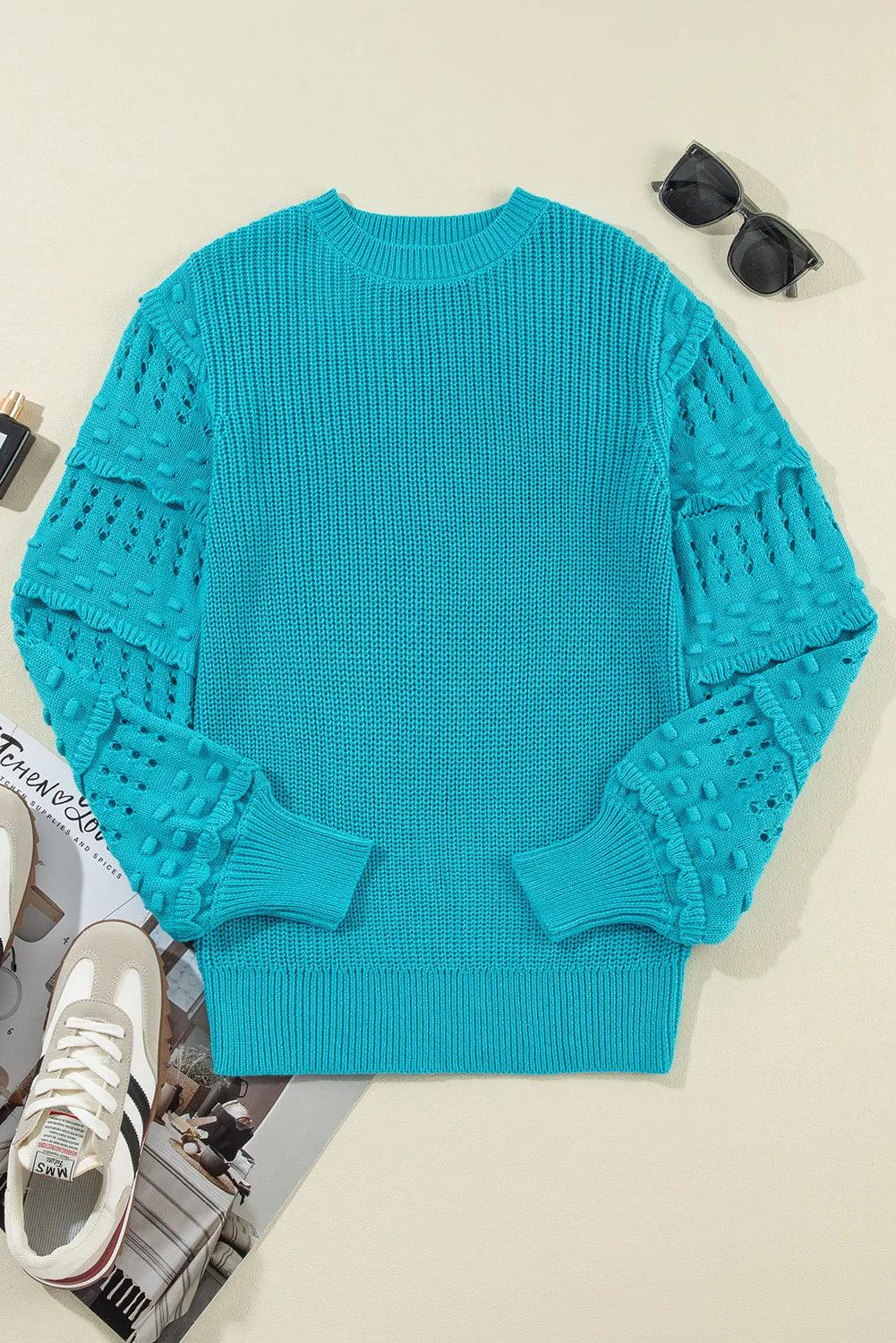 Openwork Frill Round Neck Long Sleeve Sweater Carauana Store