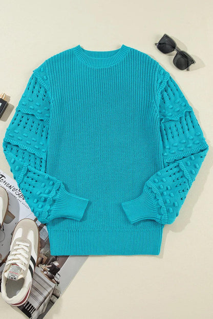 Openwork Frill Round Neck Long Sleeve Sweater Carauana Store