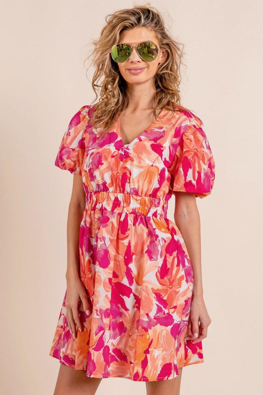 BiBi Floral V-Neck Puff Sleeve Mini Dress Carauana Store