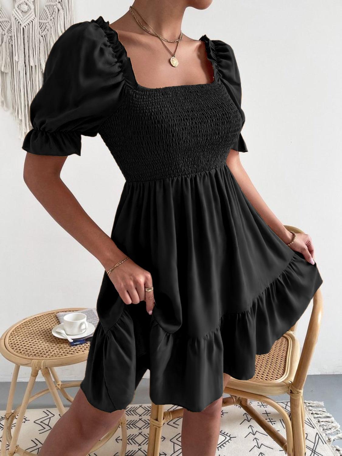 Smocked Square Neck Short Sleeve Dress Carauana Store