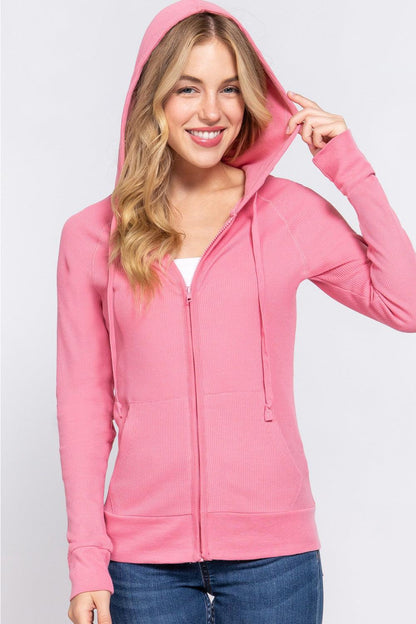 ACTIVE BASIC Waffle Knit Drawstring Zip Up Long Sleeve Hoodie Carauana Store