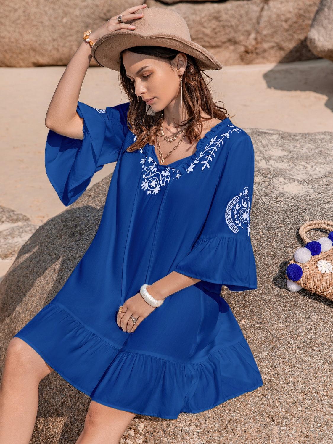Printed Tie Neck Flounce Sleeve Mini Dress Carauana Store