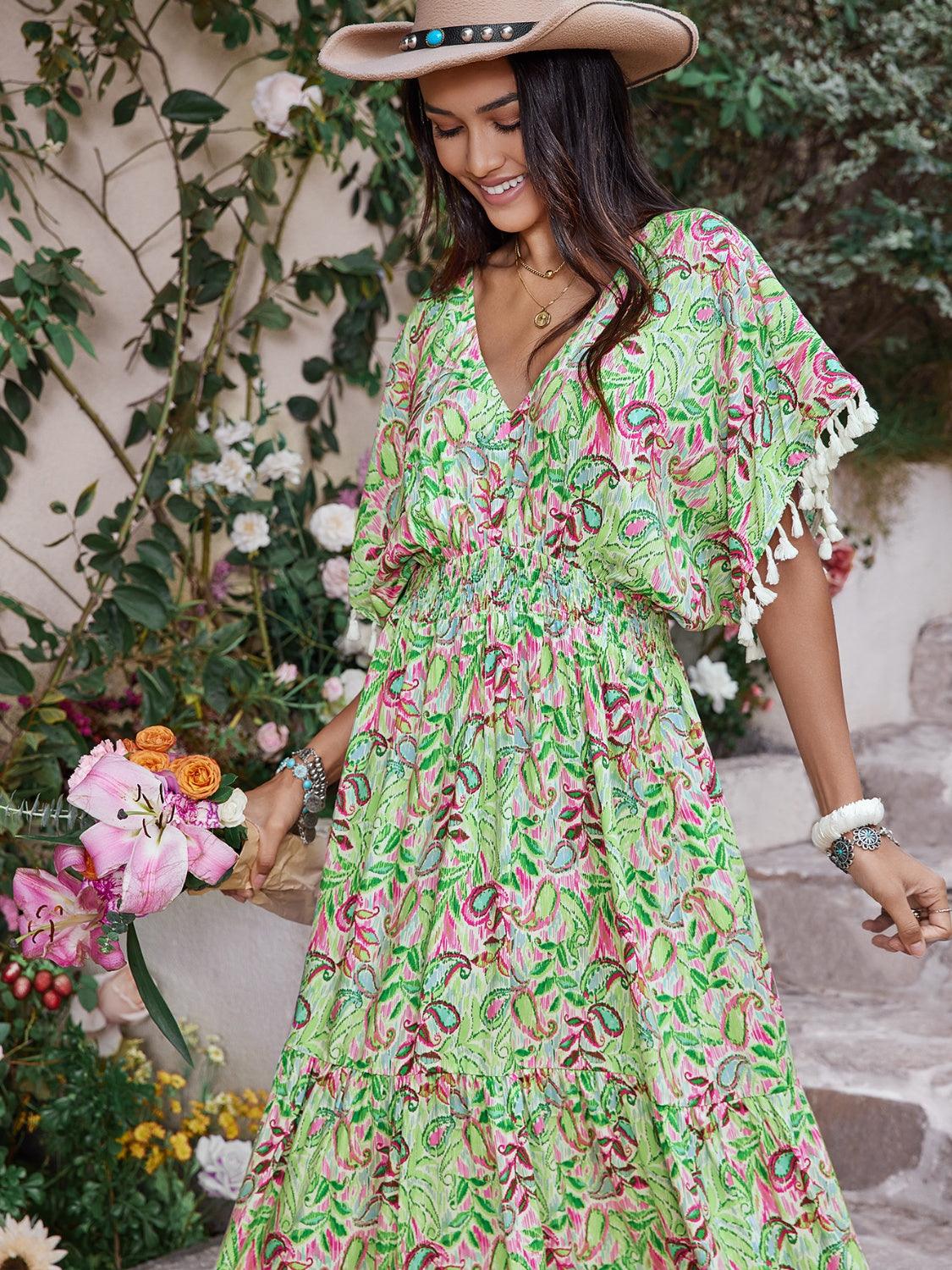 Smocked Floral V-Neck Short Sleeve Dress Carauana Store