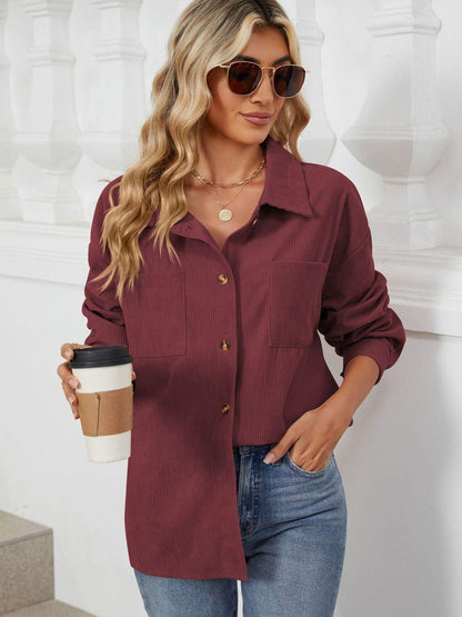 Button Up Dropped Shoulder Long Sleeve Outerwear Carauana Store