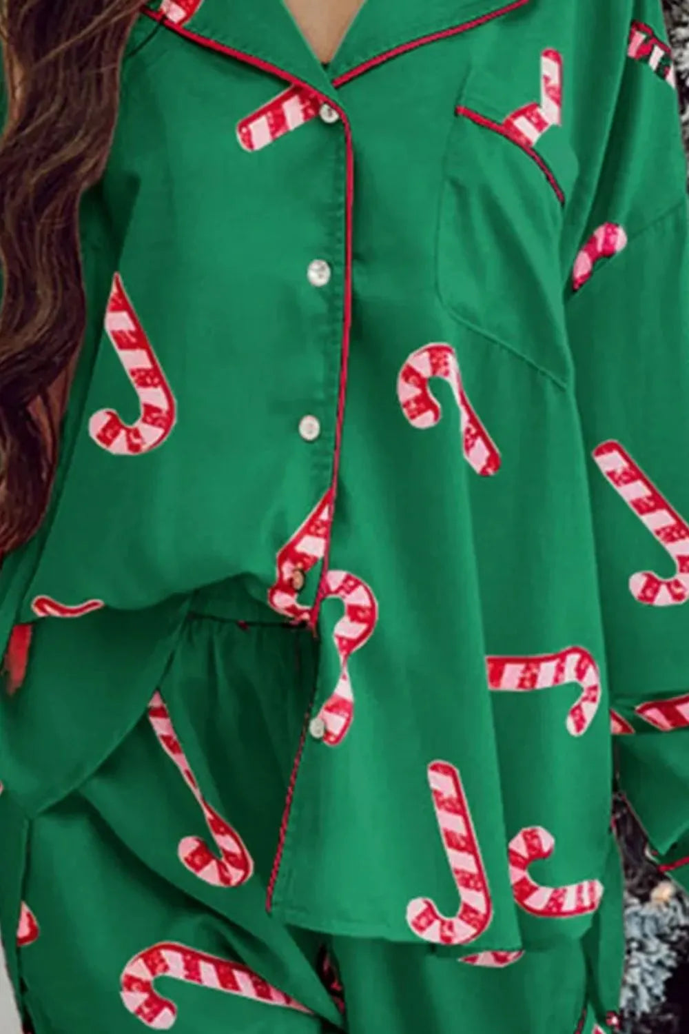 Candy Cane Collared Neck Long Sleeve Top and Shorts Lounge Set Carauana Store