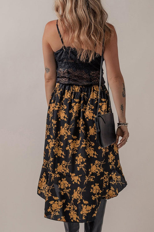 Floral Buttoned Ruffle Hem Skirt Carauana Store