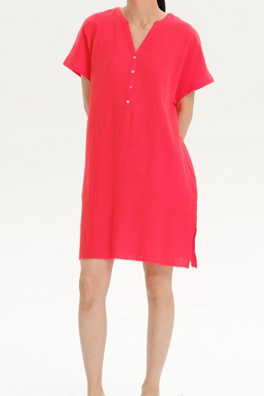 Slit Notched Short Sleeve Mini Dress Carauana Store