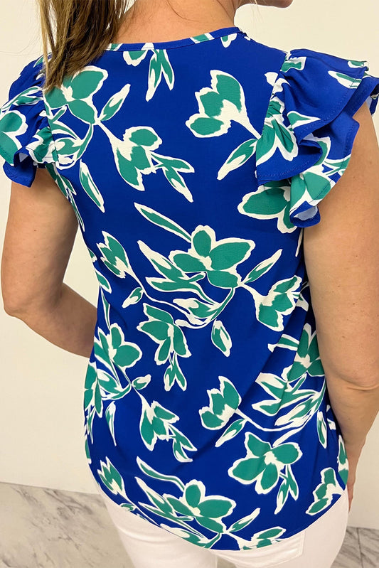 Blue V Neck Floral Print Double Ruffled Short Sleeve Blouse