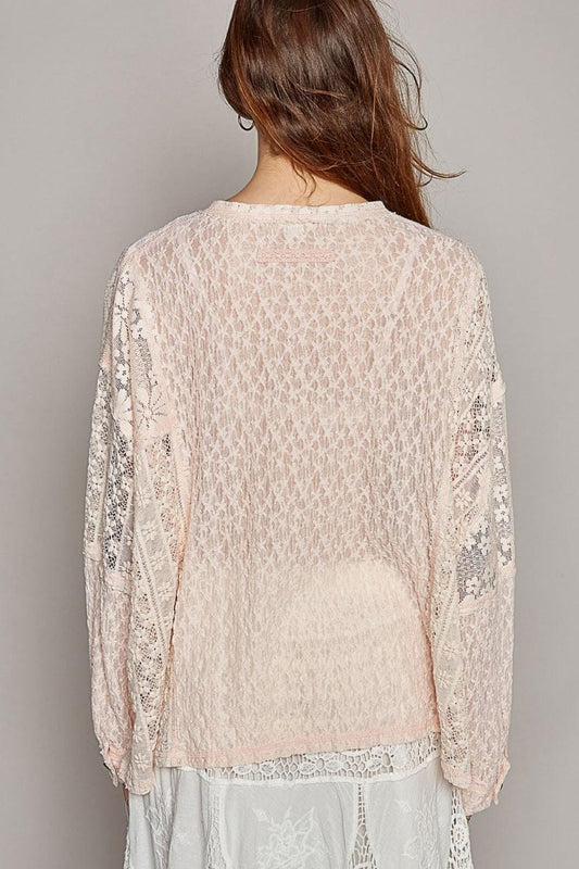 POL Round Neck Long Sleeve Raw Edge Lace Top Carauana Store