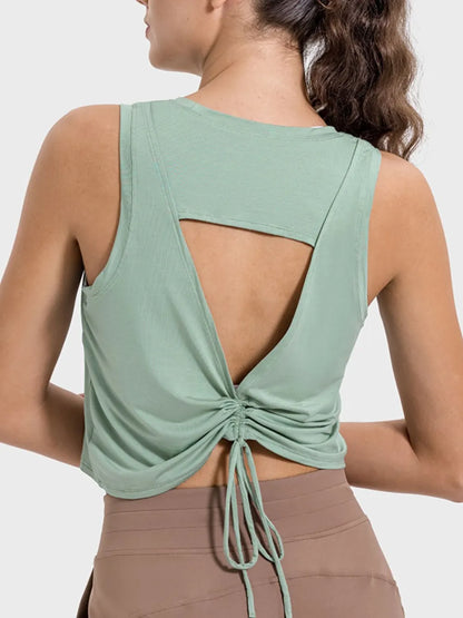 Millennia Drawstring Cutout Round Neck Active Tank Carauana Store