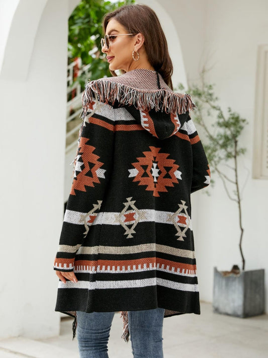 Fringe Geometric Hooded Long Sleeve Cardigan Carauana Store