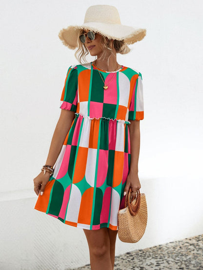 Geometric Frill Round Neck Short Sleeve Dress Carauana Store