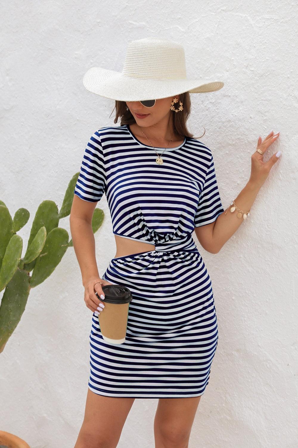 Cutout Striped Round Neck Short Sleeve Dress Carauana Store