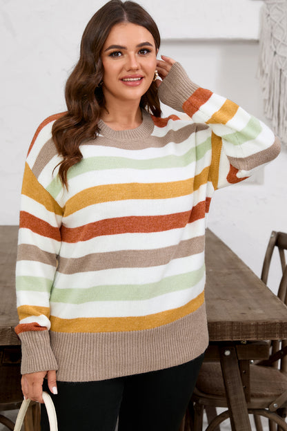 Multicolour Striped Colorblock Drop Shoulder Plus Size Sweater
