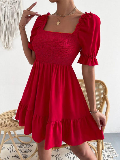 Smocked Square Neck Short Sleeve Dress Carauana Store