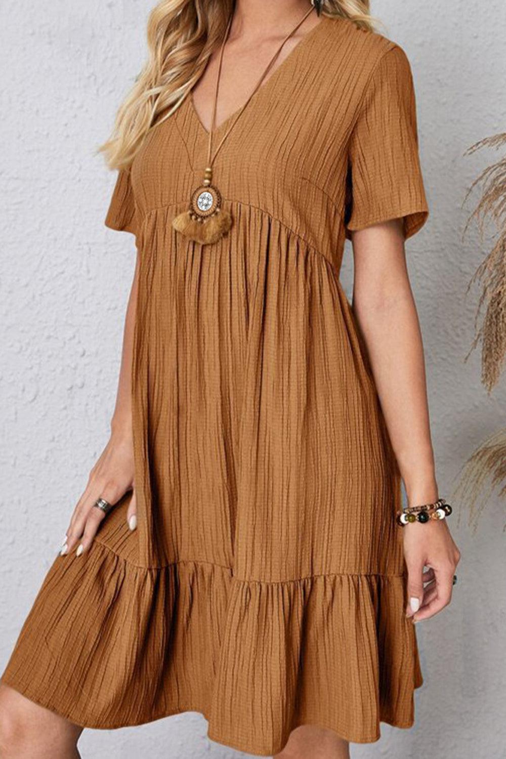 Full Size Ruched V-Neck Short Sleeve Dress Carauana Store
