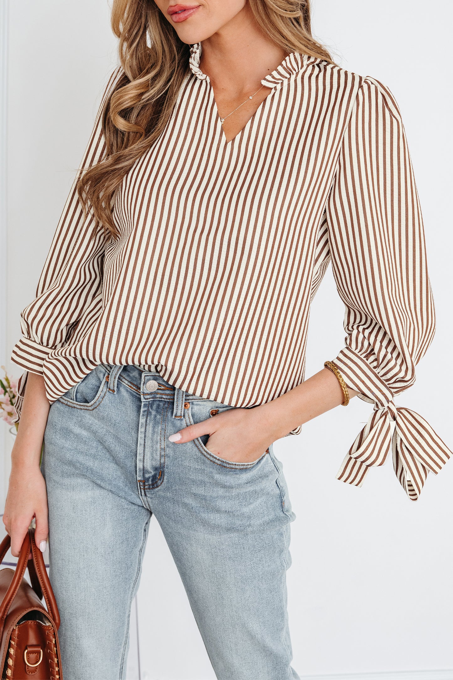 Straw Yellow Striped Print Tied Cuffs Split Neck Seersucker Blouse