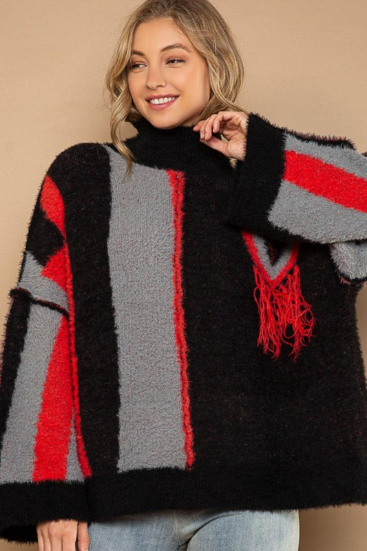 POL Turtleneck Color Block Fringe Detail Sweater Carauana Store