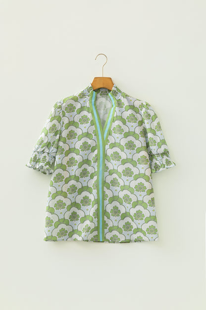 Green Floral Clouds Ruffled Short Sleeve Summer Blouse