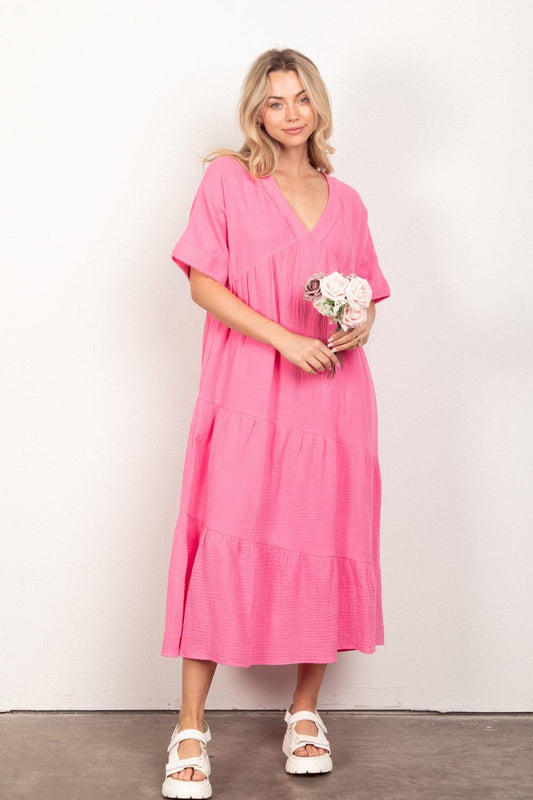 VERY J Soft Crinkle Gauze Short Sleeve Midi Dress Carauana Store