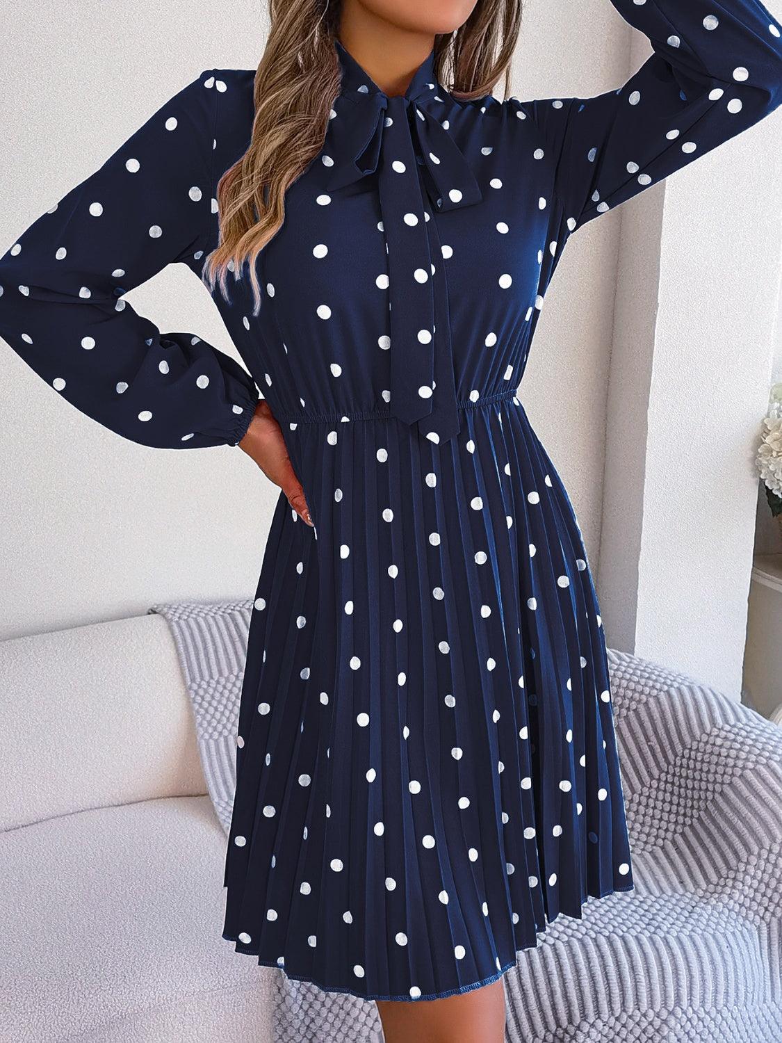 Polka Dot Tie Neck Pleated Dress Carauana Store
