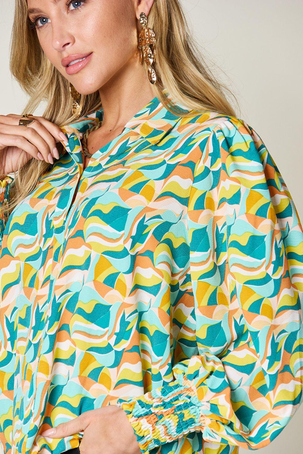 Double Take Full Size Printed Smocked Long Sleeve Blouse Carauana Store