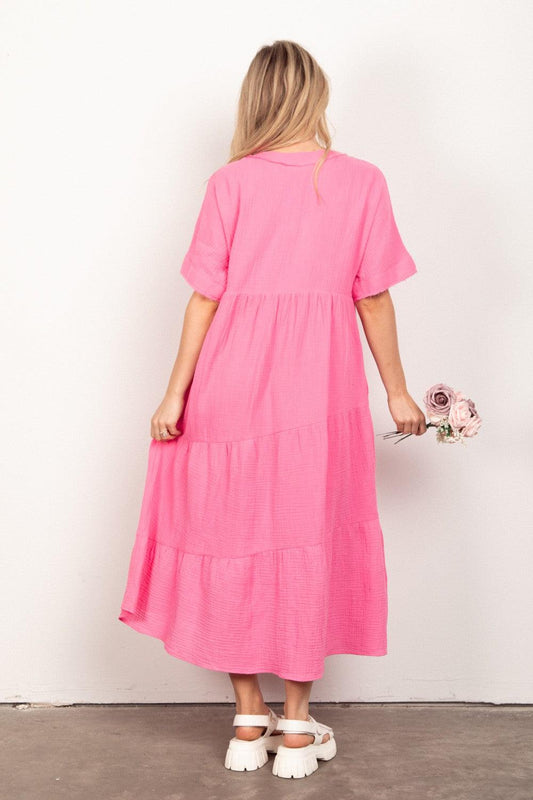 VERY J Soft Crinkle Gauze Short Sleeve Midi Dress Carauana Store