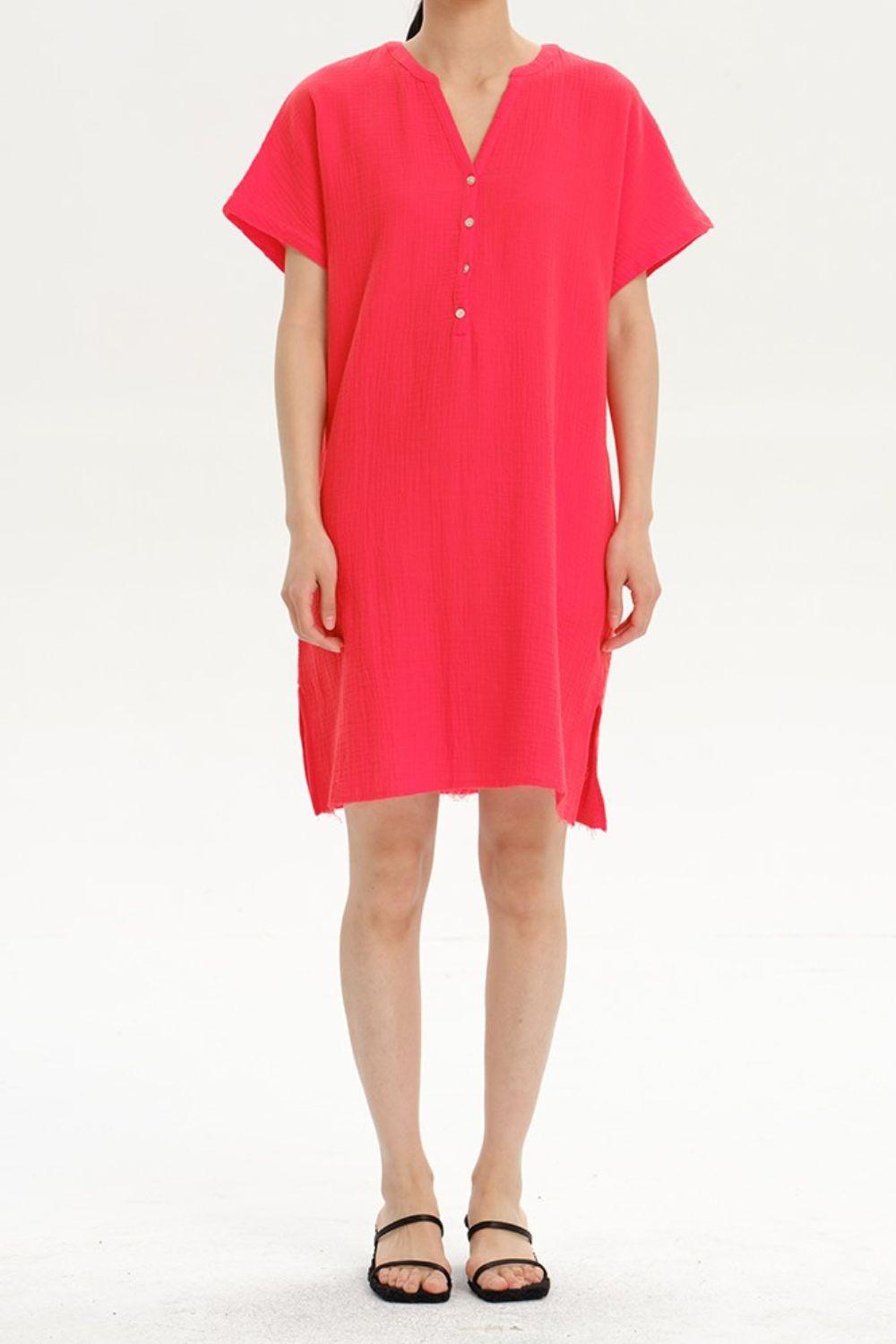 Slit Notched Short Sleeve Mini Dress Carauana Store