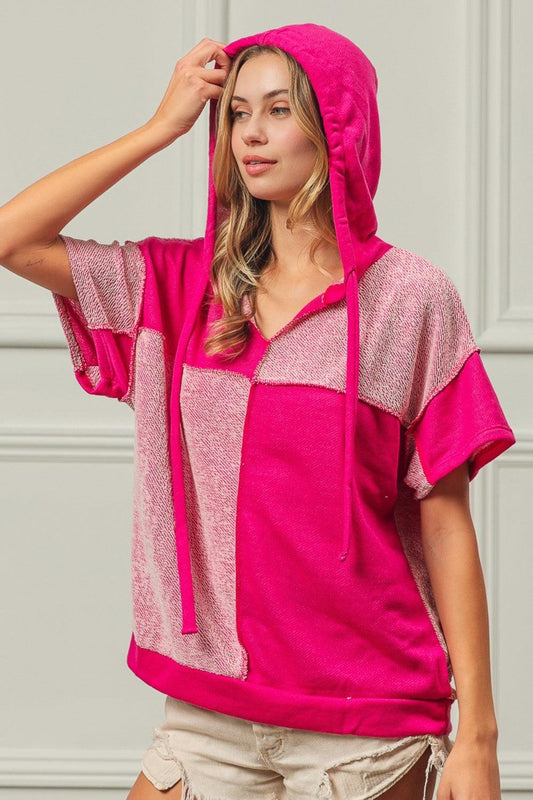 BiBi Color Block Exposed Seam Short Sleeve Hooded Top Carauana Store
