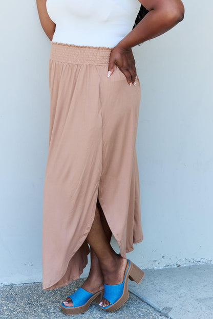 Doublju Comfort Princess Full Size High Waist Scoop Hem Maxi Skirt in Tan Carauana Store