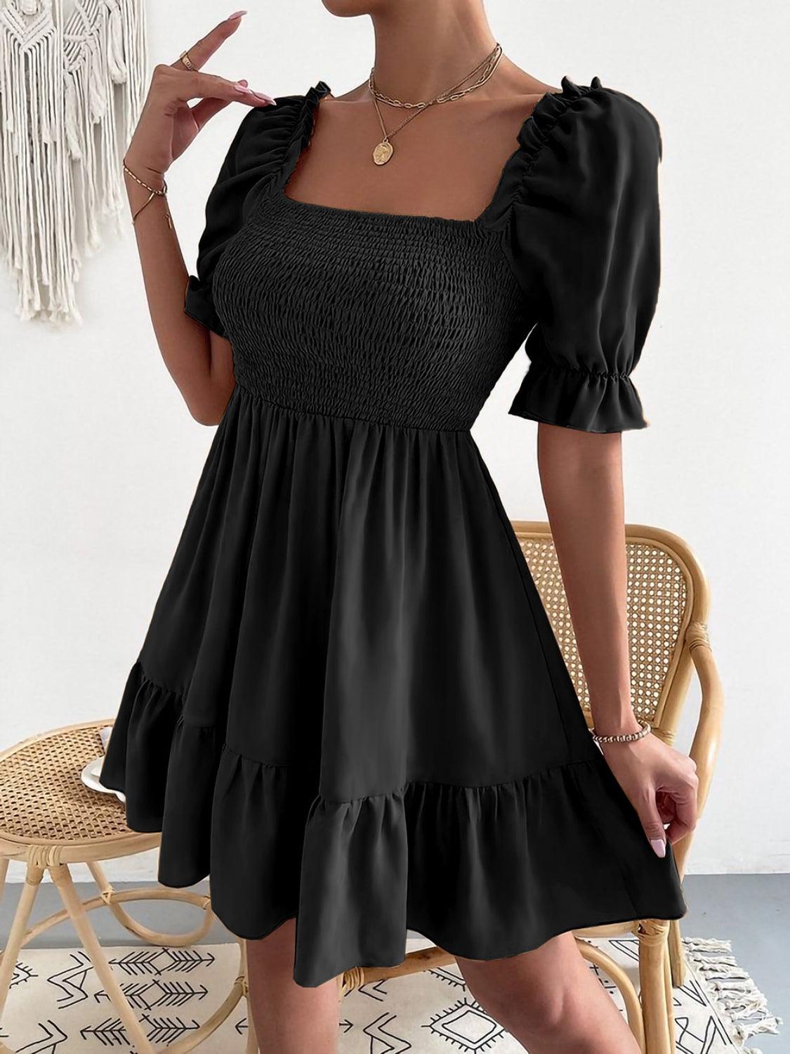 Smocked Square Neck Short Sleeve Dress Carauana Store