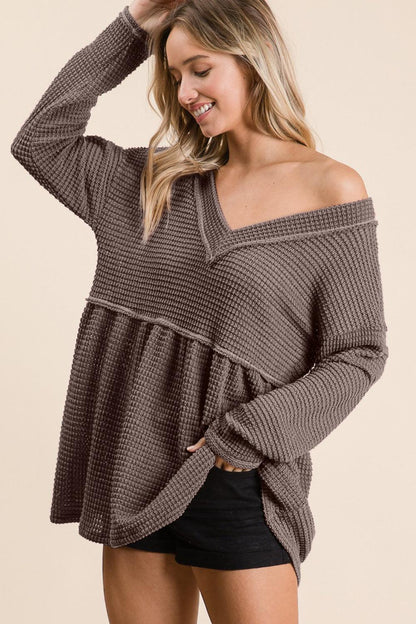 BiBi Waffle Knit V-Neck Babydoll Blouse Carauana Store