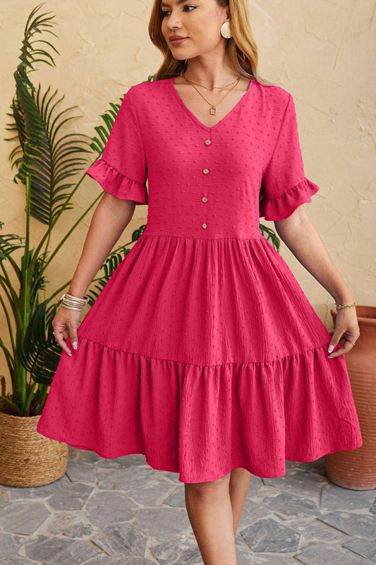 Swiss Dot Ruffled V-Neck Tiered Dress Carauana Store