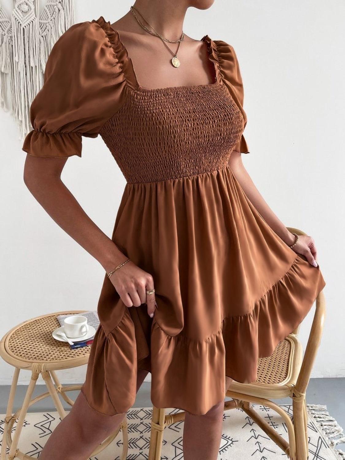 Smocked Square Neck Short Sleeve Dress Carauana Store