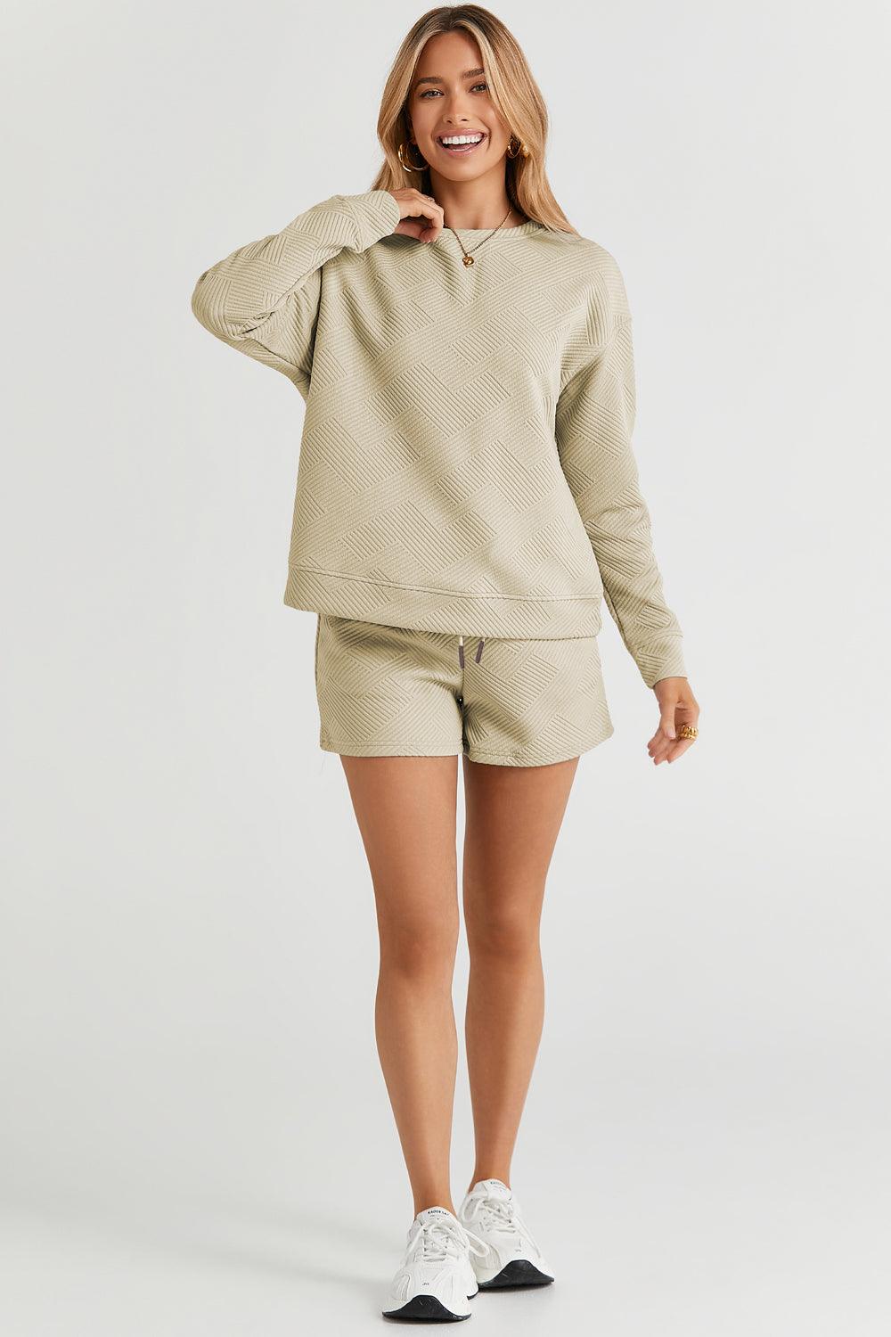 Double Take Full Size Texture Long Sleeve Top and Drawstring Shorts Set Carauana Store
