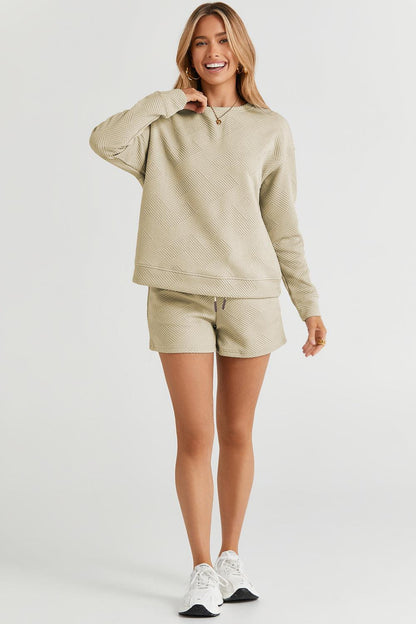 Double Take Full Size Texture Long Sleeve Top and Drawstring Shorts Set Carauana Store