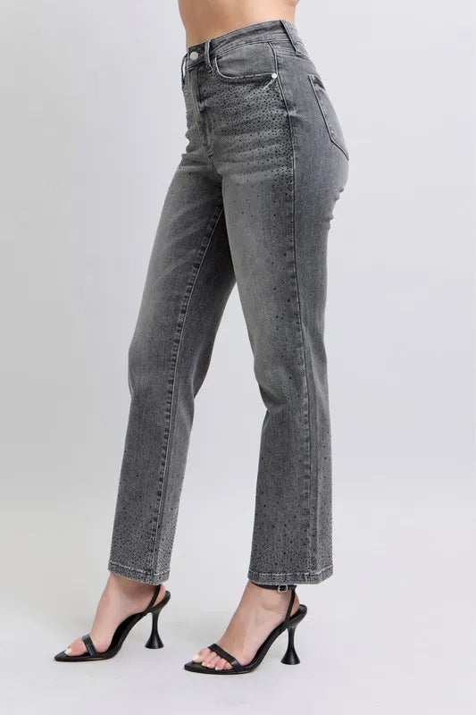 Judy Blue Full Size High Waist Rhinestone Straight Jeans Plus Size Carauana Store