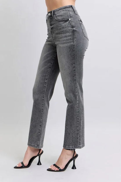 Judy Blue Full Size High Waist Rhinestone Straight Jeans Plus Size Carauana Store