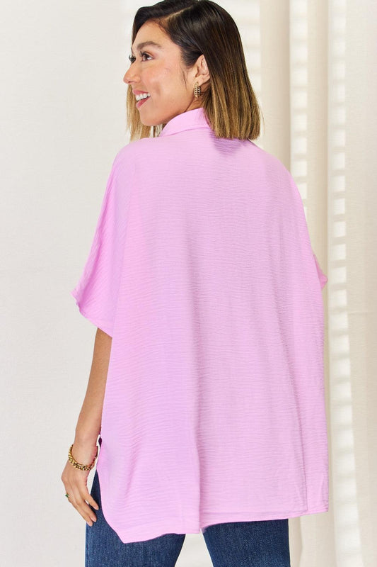 Zenana Texture Button Up Short Sleeve High-Low Shirt Carauana Store