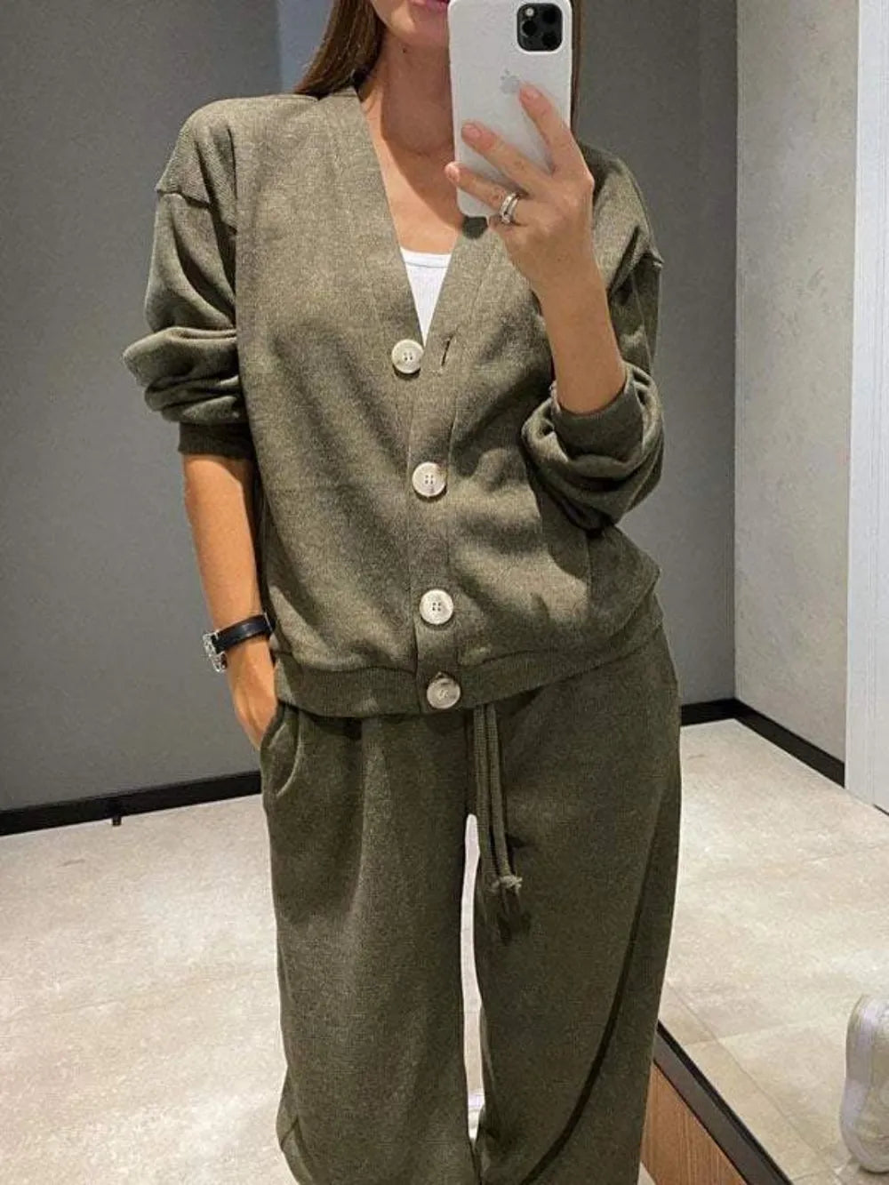 Full Size Button Up Long Sleeve Top and Pants Set Carauana Store