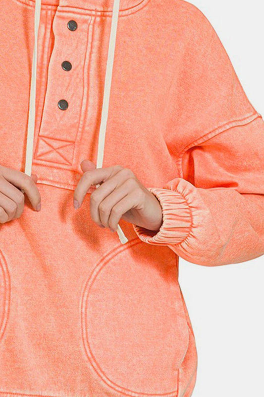 Zenana Drawstring Half Snap Dropped Shoulder Hoodie Carauana Store