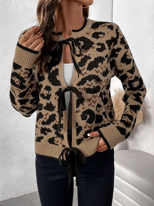 Perfee Tied Leopard Long Sleeve Cardigan Carauana Store