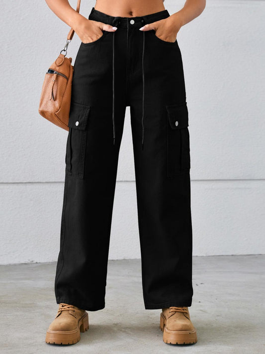 Drawstring Mid-Rise Waist Straight Cargo Jeans Carauana Store