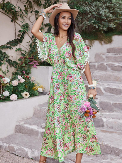 Smocked Floral V-Neck Short Sleeve Dress Carauana Store
