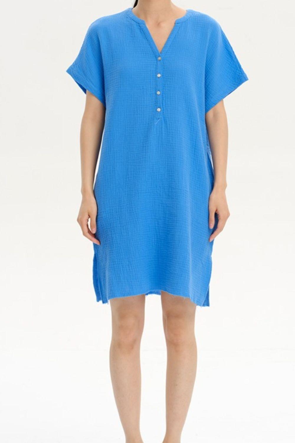 Slit Notched Short Sleeve Mini Dress Carauana Store